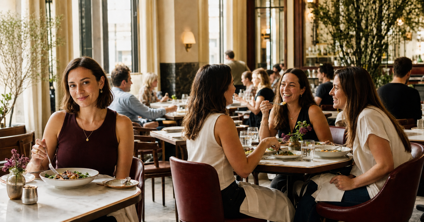 A solo diner looking warmly toward the viewer while friends enjoy lunch nearby